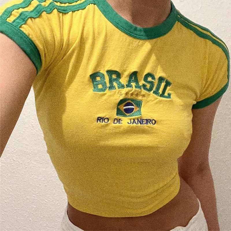 Vintage Brazil Brasil Soccer Crop Top – Y2K Embroidered Baby Tee (Available in Short & Long Sleeve)