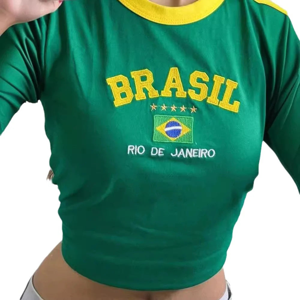 Vintage Brazil Brasil Soccer Crop Top – Y2K Embroidered Baby Tee (Available in Short & Long Sleeve)