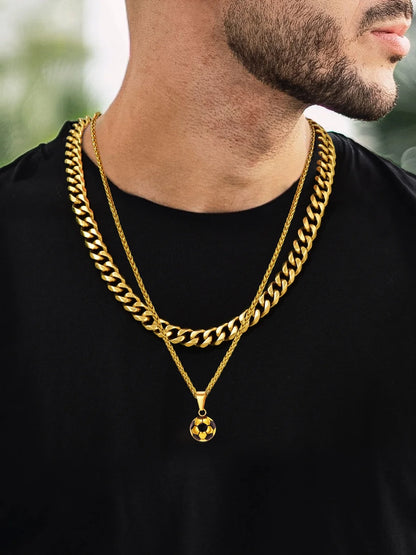 Gold Soccer Ball Enamel Charm Necklace – Men's Sports Rope Chain Jewelry