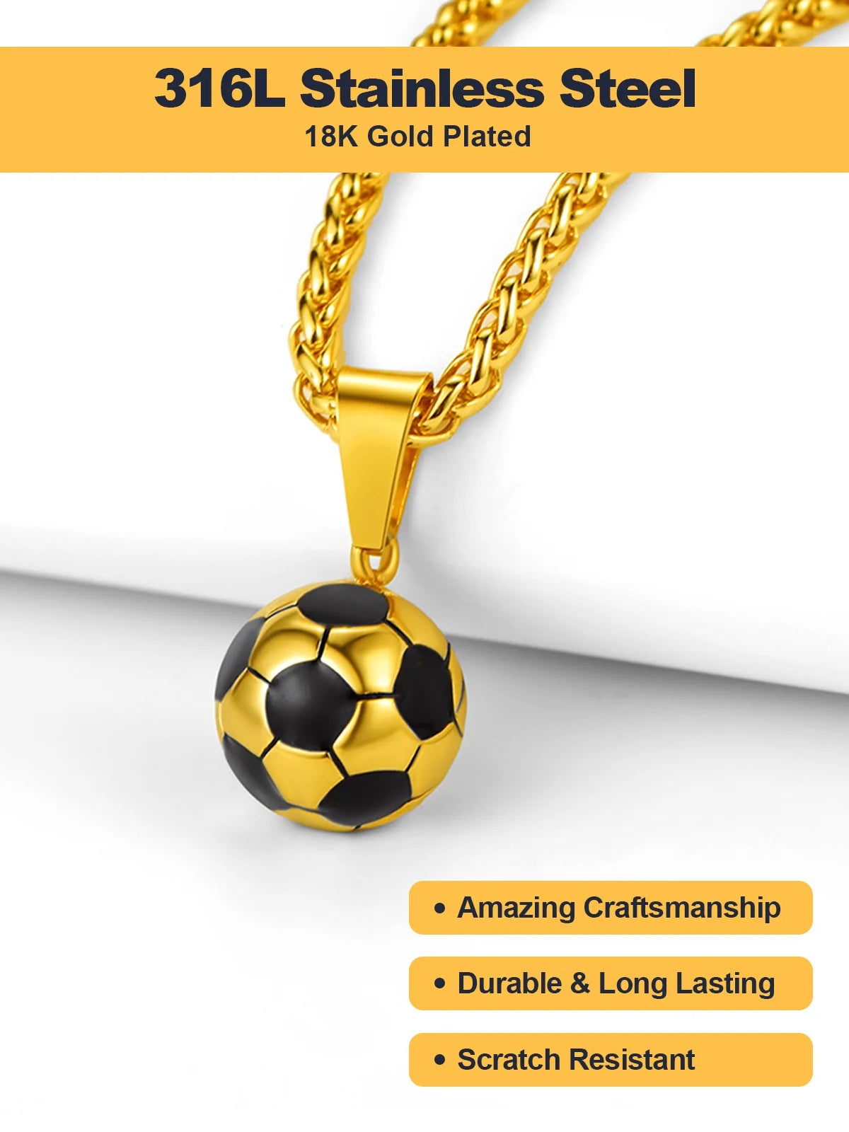 Gold Soccer Ball Enamel Charm Necklace – Men's Sports Rope Chain Jewelry