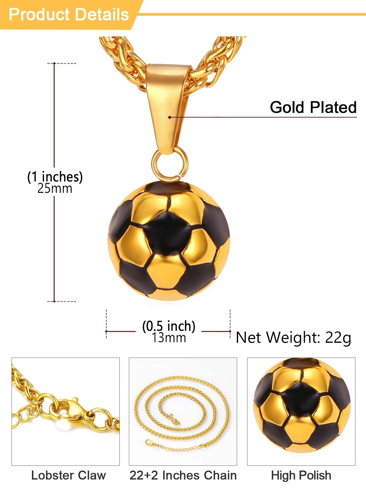 Gold Soccer Ball Enamel Charm Necklace – Men's Sports Rope Chain Jewelry