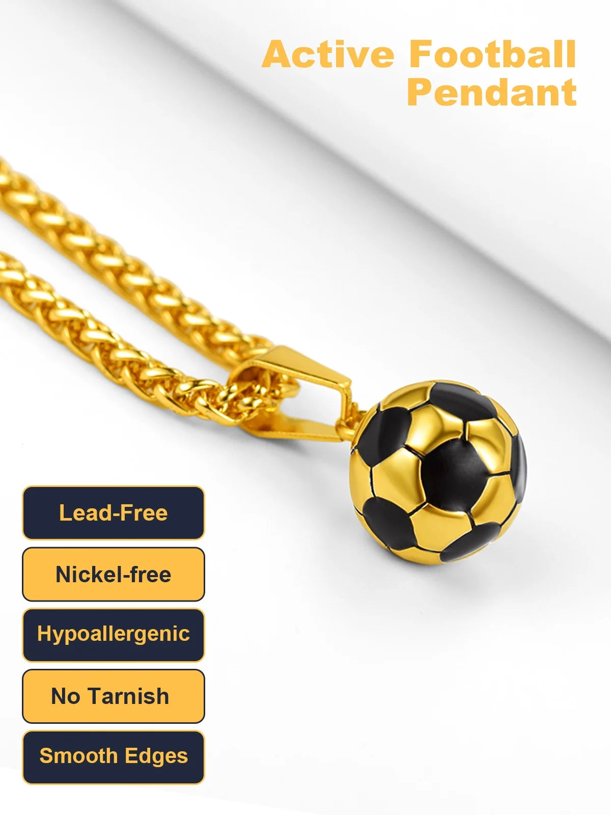 Gold Soccer Ball Enamel Charm Necklace – Men's Sports Rope Chain Jewelry